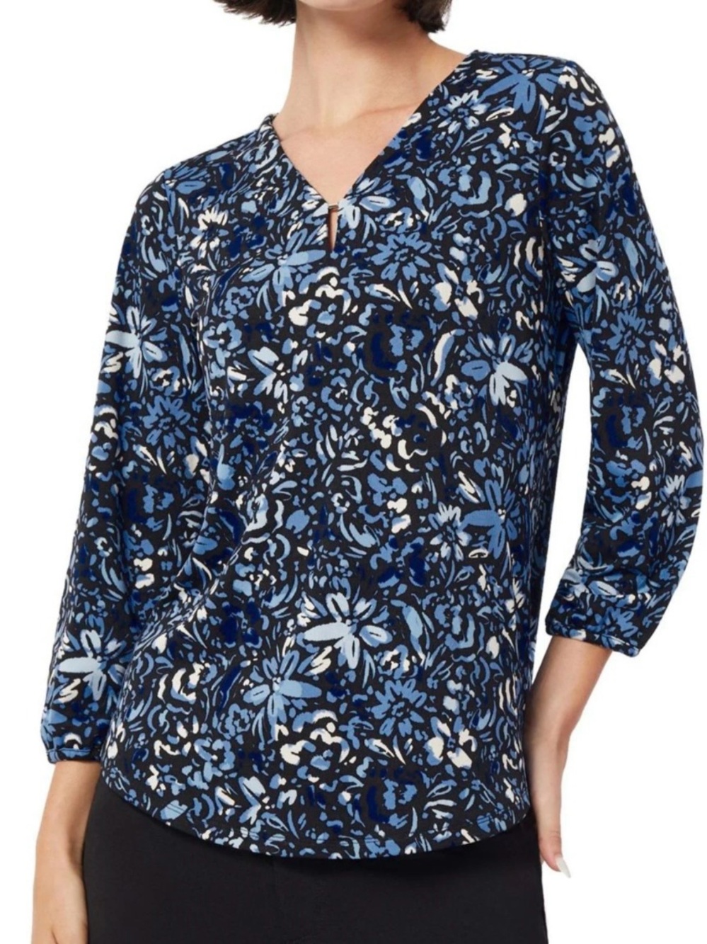 JONES NEW YORK BLOUSE Blue Black Floral Keyhole V-neck 3/4 sleeves Medium - Picture 3 of 7
